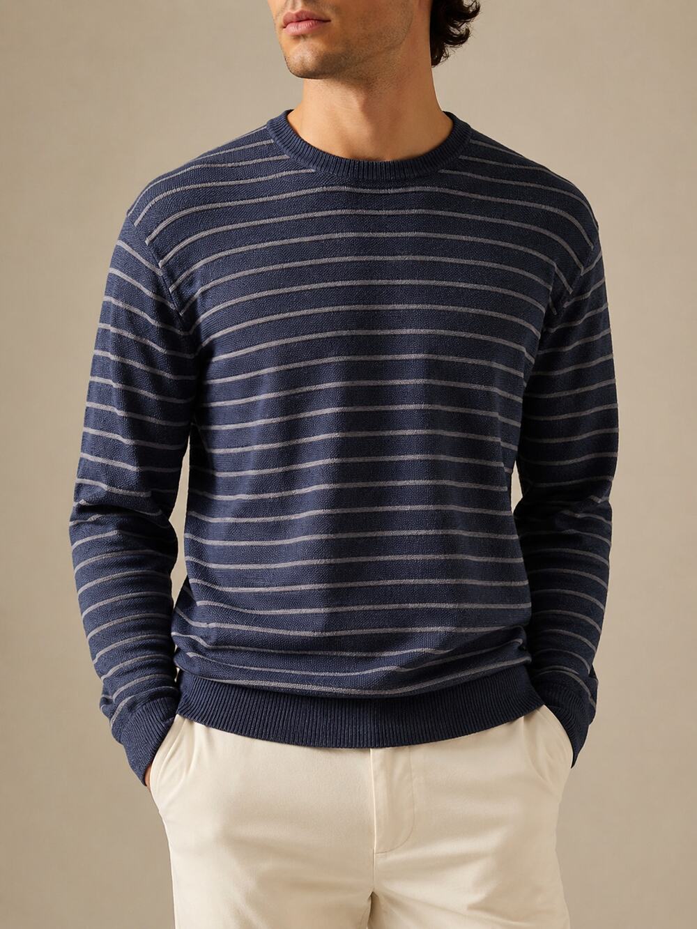 Peter Millar Cotton Wool Sweater Mens Large Navy Striped Crewneck Pullover Knit